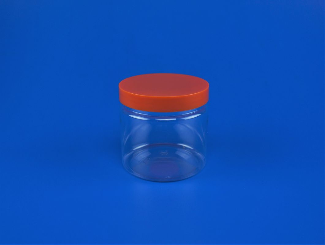 Clear 12 Oz Clear Plastic Jars With Lids Red Cover Round Shape For Food Storage